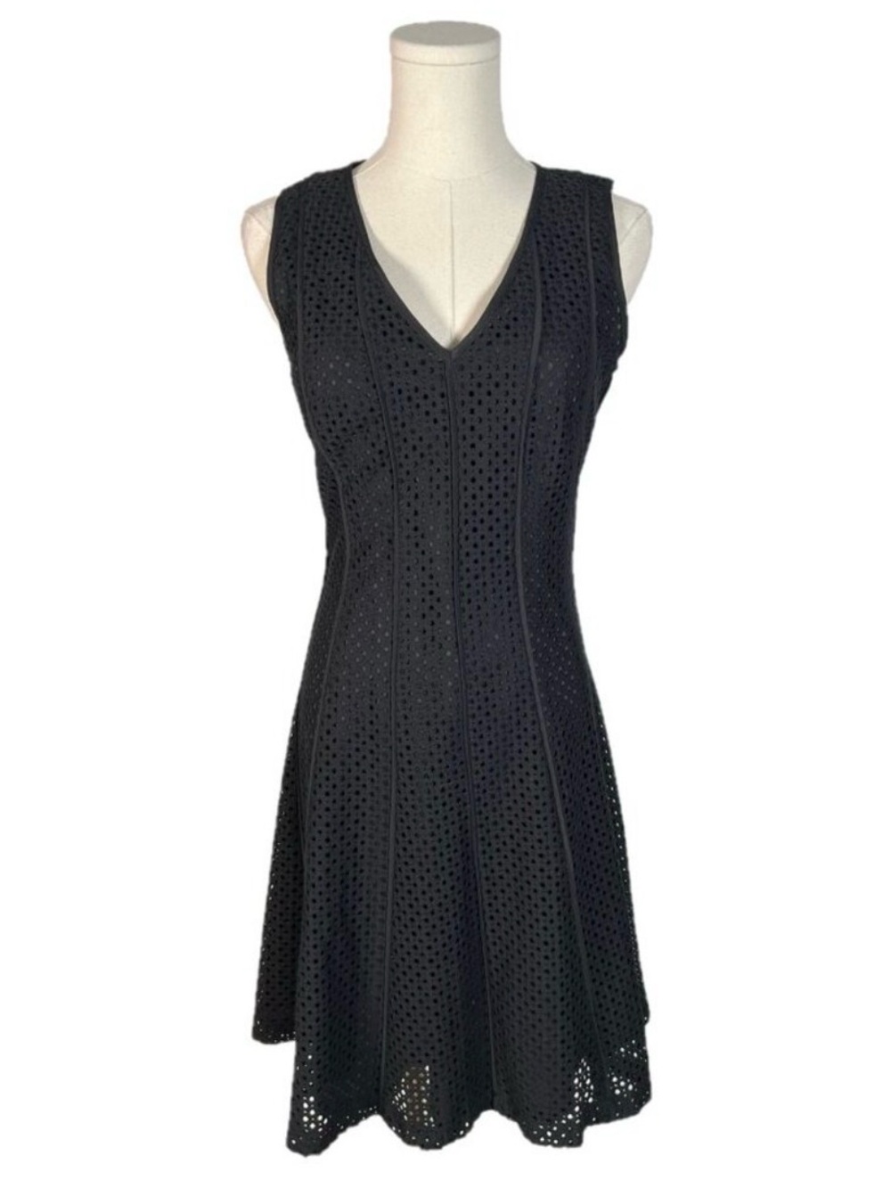 Ann Taylor Black Eyelet A-Line Dress Sleeveless V-Neck